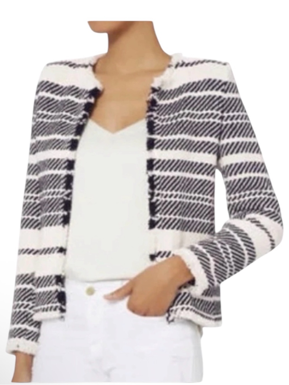 IRO Zlata Tweed Open Front Jacket Black & Cream Striped Frayed Trim EU 40 US 8